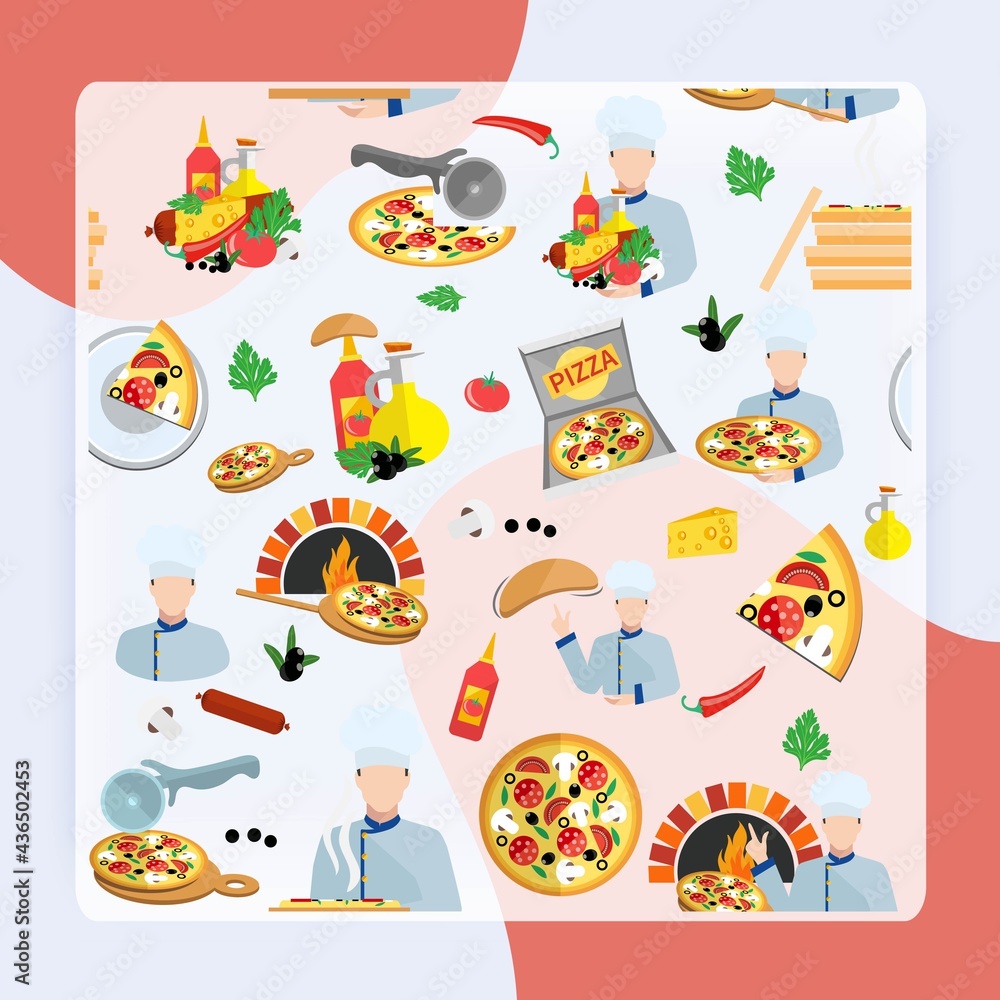 Pizza maker seamless pattern with fresh food box and chef cook vector illustration