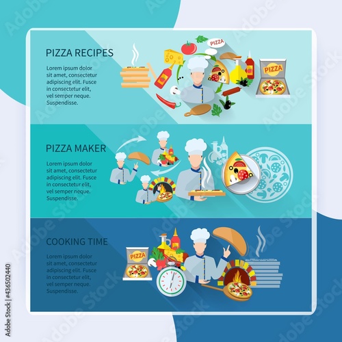 Pizza maker flat horizontal banner set with recipes cooking time isolated vector illustration