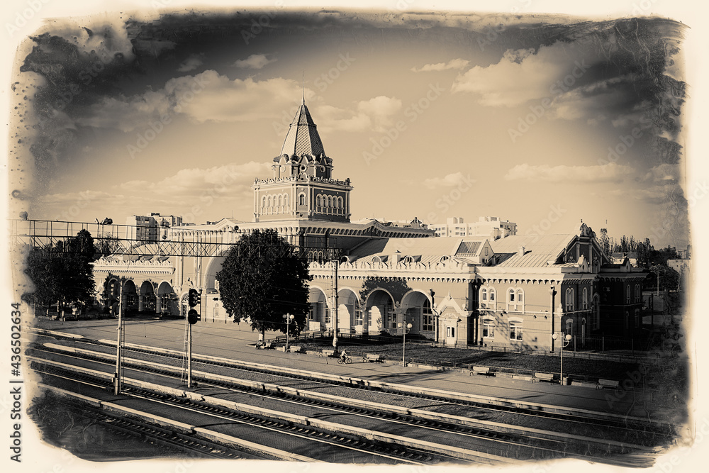 Landscape with vintage processing, a beautiful view of the Chernihiv railway station.