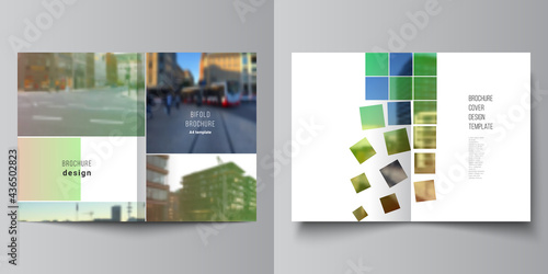 Vector layout of two A4 cover mockups design templates for bifold brochure, flyer, magazine, cover design, book design, brochure cover. Abstract project with clipping mask green squares for your photo