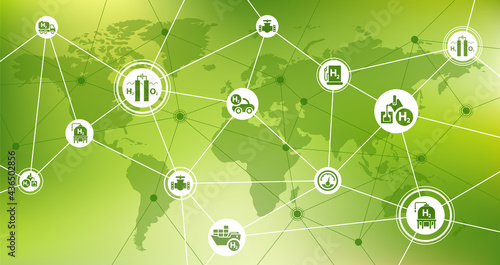 Hydrogen economy vector. Concept with world map and icons related to worldwide hydrogen use as fuel, in industrial processes, global hydrogen storage and transport, renewable / green energy.