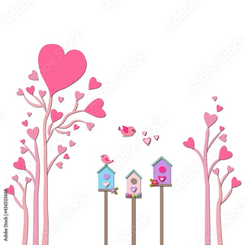 Fondo con árboles con corazones rosas y nidos de pájaros.