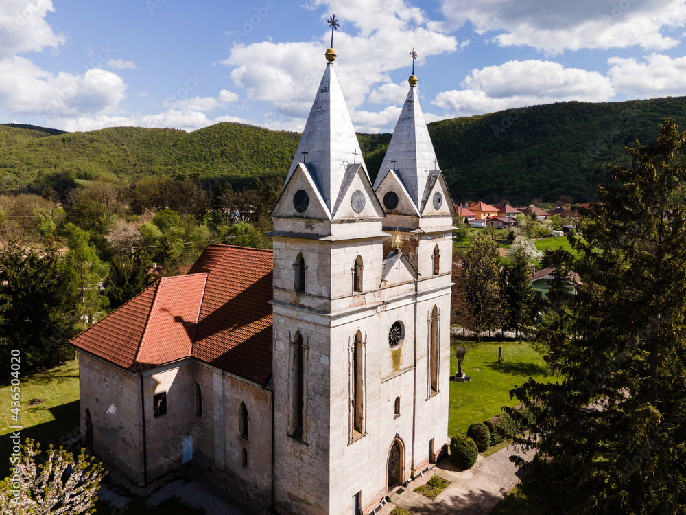 Aerial view of the church in the village of Krasnohorska Dlha Luka in Slovakia