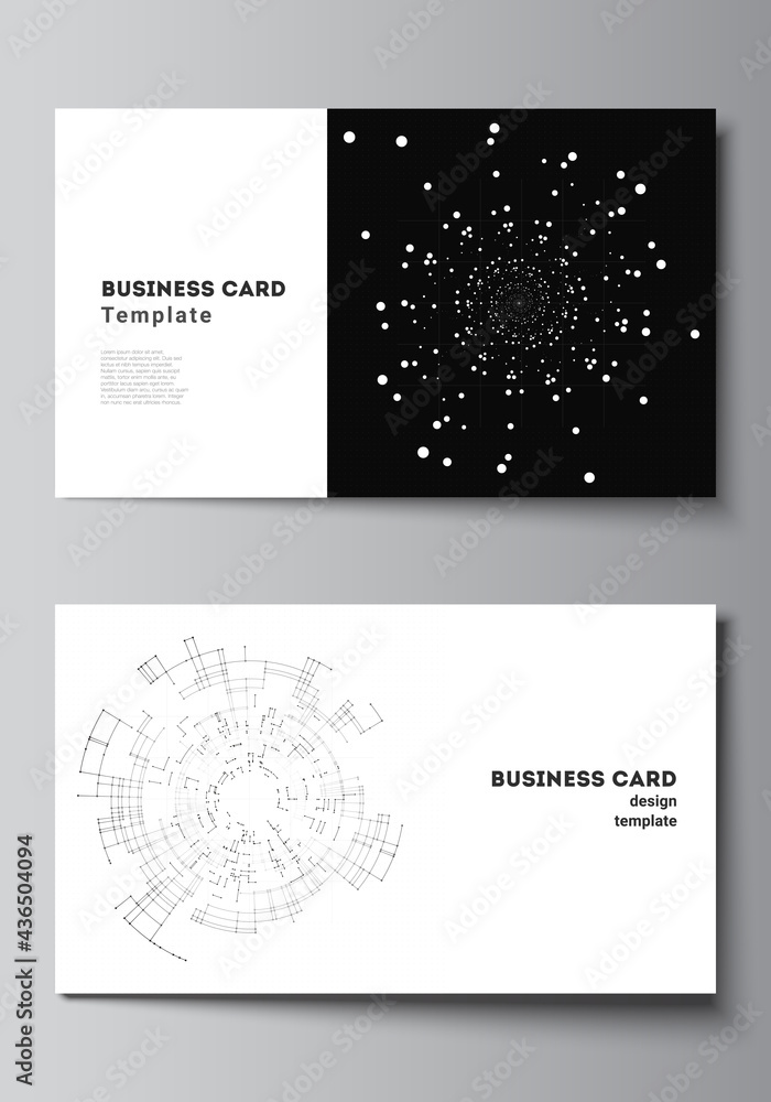 Vector layout of two creative business cards design templates, horizontal template vector design. Black color technology background. Digital visualization of science, medicine, technology concept.