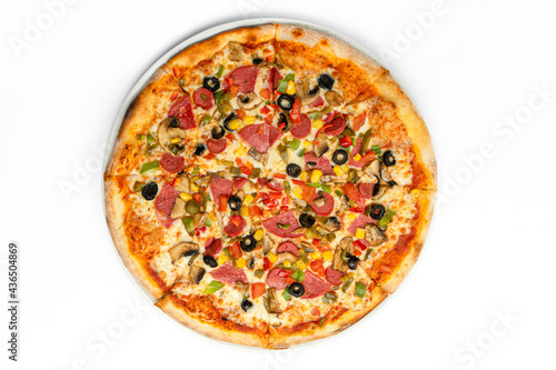 Pizza with cheese salami mashrooms and olives isolated on white background