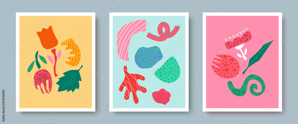 Children's abstract illustration.A set of cards of various shapes,doodles, leaves,flowers.Fashion prints of covers,postcards,banners, greetings