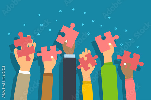 People raised arms holding jigsaw puzzle pieces. People give puzzle piece in palm hand. Concept of cooperate, collaborate and teamwork. Flat style vector illustration.