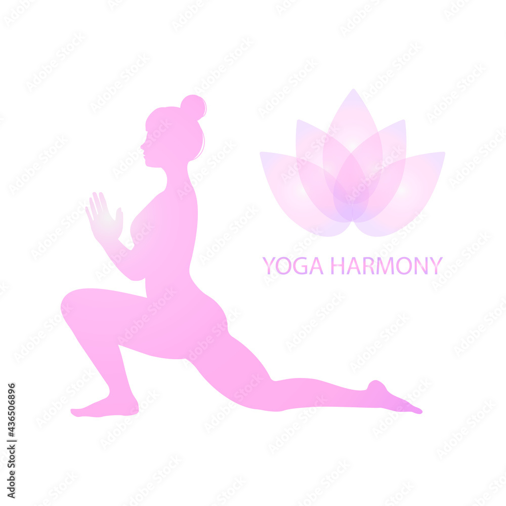 Gentle silhouette of woman practicing yoga asana and namaste, isolated on white background. Lotus flower, Inscription Yoga Harmony. Logo of yoga studio for banners, web pages. Vector illustration