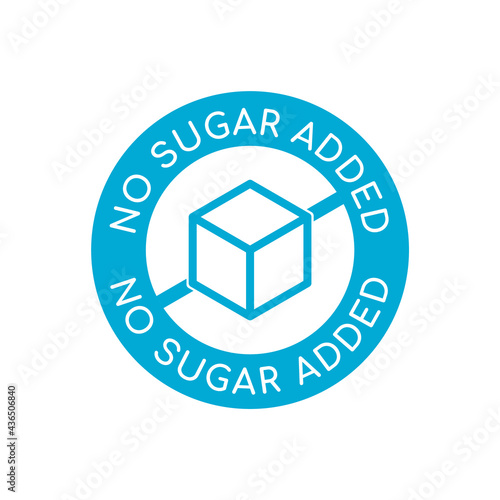 No sugar added icon. Food product without additional sugar logo or symbol. Blue stamp with sugar cube crossed out. Healthy natural food concept. Sugar free label. Vector illustration, flat, clip art. 