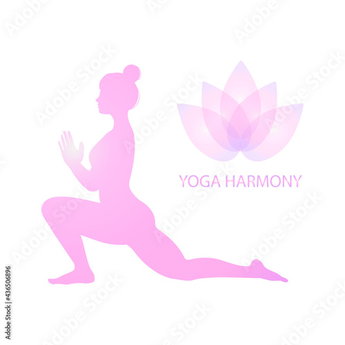 Gentle silhouette of woman practicing yoga asana and namaste, isolated on white background. Lotus flower, Inscription Yoga Harmony. Logo of yoga studio for banners, web pages. Vector illustration