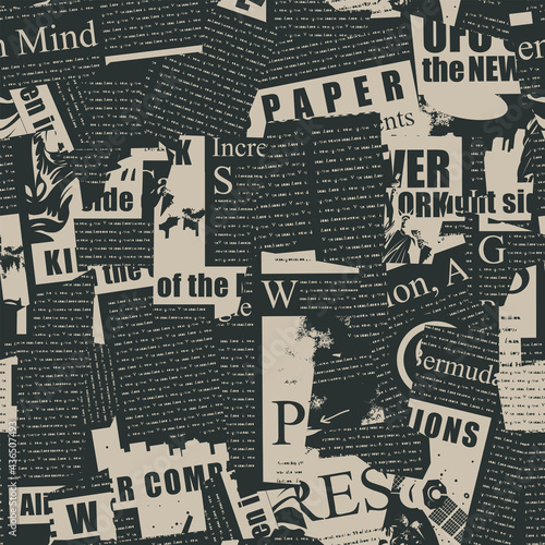 Abstract seamless pattern with a collage of old magazine and newspaper clippings. Vector background with illegible text, headlines and illustrations. Suitable for Wallpaper, wrapping paper, fabric photo