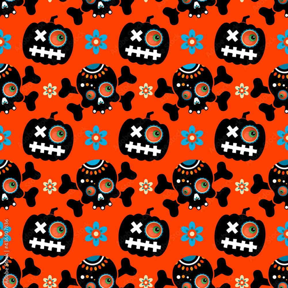 Seamless pattern for Halloween or Mexican holiday Death Day. Skull and pumpkin with flowers on an orange background, for printing on fabric, packaging. Vector, illustration Seamless pattern for Halloween or Mexican holiday Death Day. Skull and pumpkin with flowers on an orange background, for printing on fabric, packaging. Vector, illustration
