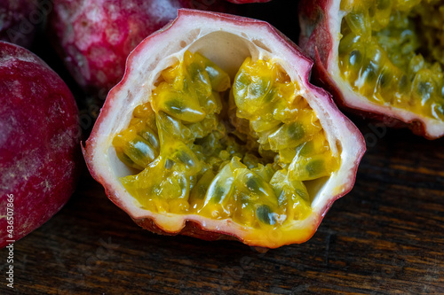 Close up of passion fruit sliced open 