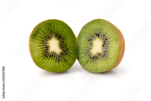 Ripe kiwi cut in half isolated on white background, copy space