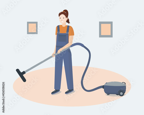 Woman with a vacuum cleaner. Cleaning services. House cleaning, cleaning lady and janitor. Isolated background, flat illustration, vector.