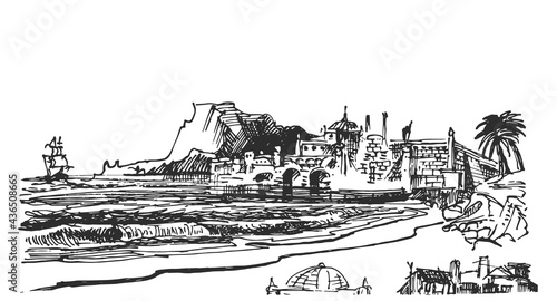 Tropical Old Town and Beach Drawing  Vector