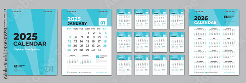 Set Desk calendar 2025 design  Calendar 2025 template and Set of 12 Months  Calendar 2026 design poster  January month layout  week start on Sunday  simple  planner  Wall calendar template