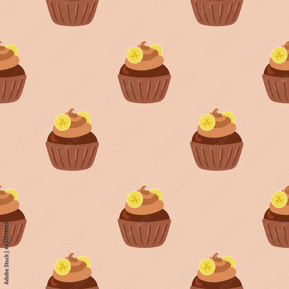 Cupcakes seamless pattern. Packaging. Festive fruit and cream muffins. Vector pattern on a colored background. Cupcakes seamless pattern. Packaging. Festive fruit and cream muffins. Vector pattern on a colored background.