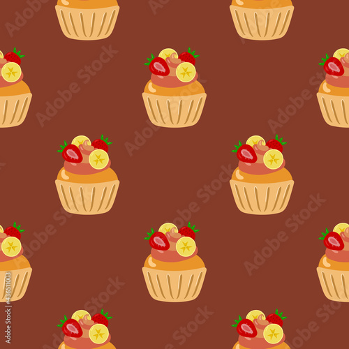 Cupcakes seamless pattern. Packaging. Festive cupcakes with cream  fruits and berries. Vector pattern on a colored background.