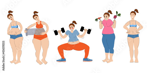 set of woman is losing weight. the woman is engaged in fitness, eating healthy food, doing spa treatments and body wrap. the girl looks after herself and prepares for the summer. stock vector.