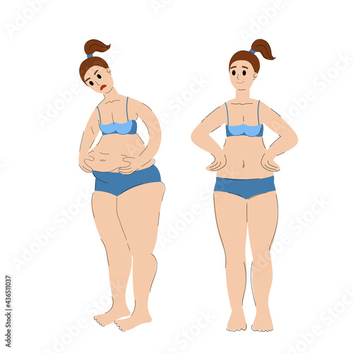 before and after. weight gain and weight loss. thin and fat woman. stock vector illustration isolated on white.