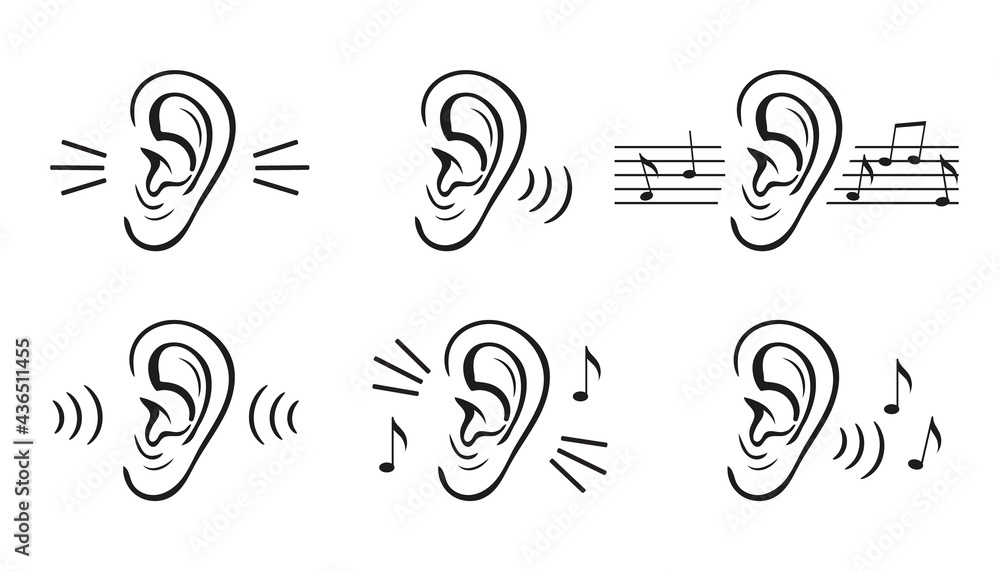 Hearing ear icon set. Sound perception. Human hear loud noise or music. Level volume control. Loss listening. Deafness treatment. Receive information, news. Otolaryngology sign. Outline vector Hearing ear icon set. Sound perception. Human hear loud noise or music. Level volume control. Loss listening. Deafness treatment. Receive information, news. Otolaryngology sign. Outline vector
