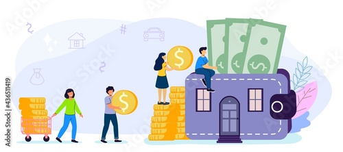 Household expenses Wallet with money coins House rental Buy real estate and pay credit to bank Mortgage loan Real estate investment Property purchase Home finance and budget Vector flat illustration t