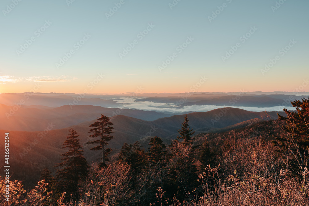 Landscape layers of the Smoky Mountains as the morning sunlight leaks in creating glowing peaks and foliage. Taken from Clingmans Dome, Great Smoky Mountains National Park, North Carolina, USA. 