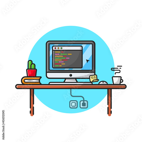 Coding Programmer Workspace with Cactus, Coffee and Book Cartoon Vector Icon Illustration. Technology Drink Icon Concept Isolated Premium Vector. Flat Cartoon Style photo