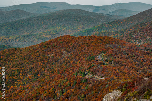 Views of Skyline Drive and the colorful fall foliage covering the Blue Ridge Mountain peaks from Stony Man Mountain in Shenandoah National Park, Virginia, USA. photo