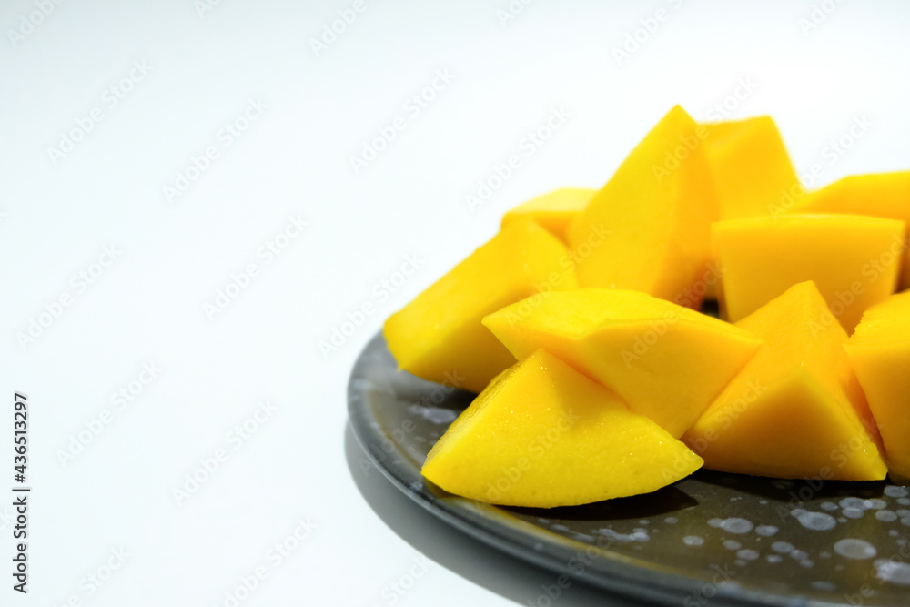Ripe mangos in a black ceramic dish. Ripe mangos in a black ceramic dish.