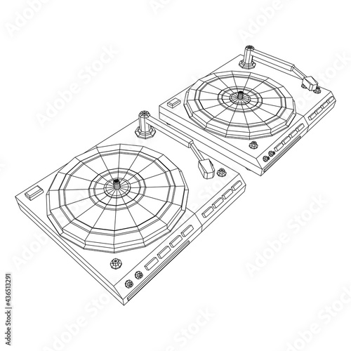 Vinyl turntable audio device. Wireframe low poly mesh vector illustration.