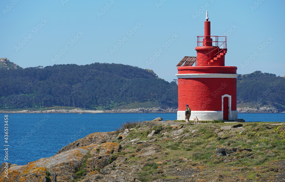 Lighthouse in Galicia, Atlantic coast of Spain, Faro de Punta Robaleira, Pontevedra province, Cangas, Cabo Home