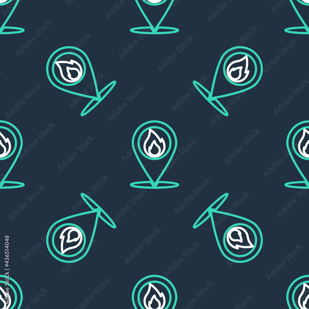 Line Map pointer with fire flame icon isolated seamless pattern on black background. Fire nearby. Vector Line Map pointer with fire flame icon isolated seamless pattern on black background. Fire nearby. Vector