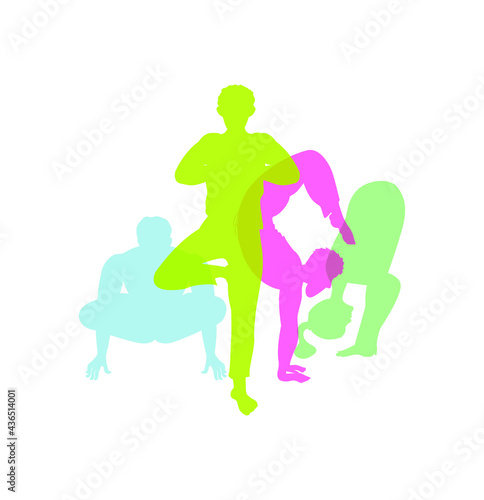 People in a yoga pose, performing various exercises, asanas. Colored silhouettes of men and women, fixed in a specific sports pose. Vector illustration, flat minimal design, isolated.