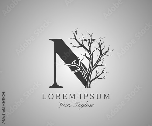 Letter N With Dead Tree Design Logo Icon. Creative Alphabetical Creepy Dry Tree Brach Nature Logo Template.
