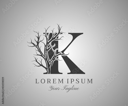 Letter K With Dead Tree Design Logo Icon. Creative Alphabetical Creepy Dry Tree Brach Nature Logo Template.