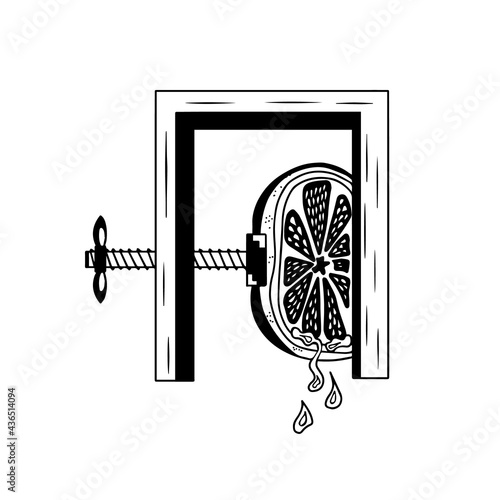 The press presses on the orange or lime to squeeze out the juice. Hand-drawn black and white graphic vector illustration. Isolated outline design. Archaic juicer for logo, icon, banner.