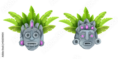 Cartoon tiki mask vector illustration, Hawaii totem face, stone tribal Aztec warrior head, isolated on white. Tropical maya native culture sculpture, primitive traditional art. Ritual tiki mask, jewel