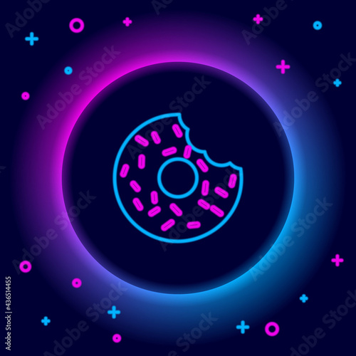 Glowing neon line Donut with sweet glaze icon isolated on black background. Colorful outline concept. Vector
