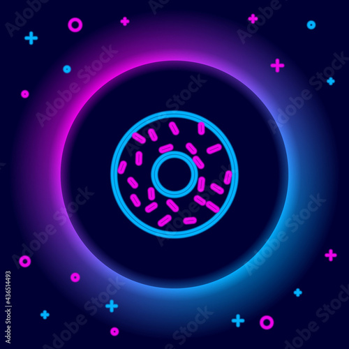 Glowing neon line Donut with sweet glaze icon isolated on black background. Colorful outline concept. Vector