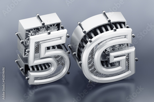 5G - 5th Generation Wireless Network. Designed in techno-style typeface characters, which are composed into the abbreviation of 5G and placed on reflective black background. 3D rendering graphics. photo
