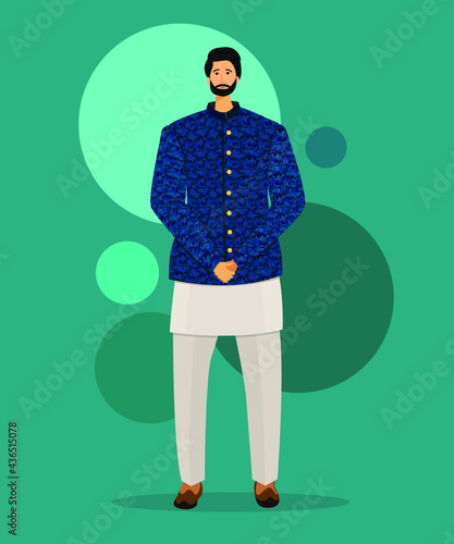 Indian Designer Wedding Wear Men Kurta Pajama with blue outfit, man fashion flat illustration design.