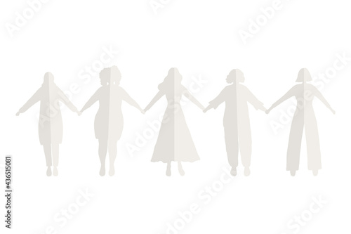 Women holding hands. Paper silhouettes of women. Women's community. Female solidarity. International Women's Day concept. Silhouettes of Women of different races. Vector illustration