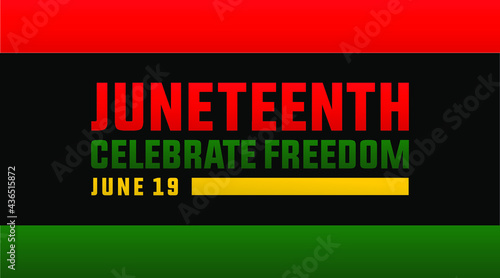 Juneteenth celebrate freedom day June 19 modern creative banner, sign, design concept, social media post with red, green, yellow text on a black abstract background. 