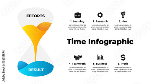 Colorful vector hourglass Infographic. Presentation 16x9 slide template. Creative time concept. From teamwork and idea to business success.