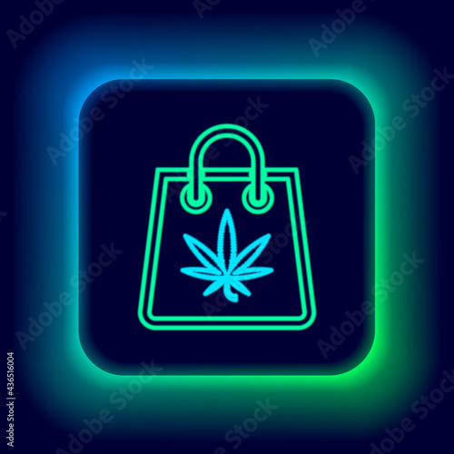 Glowing neon line Shopping paper bag of medical marijuana or cannabis leaf icon isolated on black background. Buying cannabis. Hemp symbol. Colorful outline concept. Vector