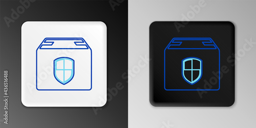 Line Delivery pack security symbol with shield icon isolated on grey background. Delivery insurance. Insured cardboard boxes beyond the shield. Colorful outline concept. Vector © vector_v