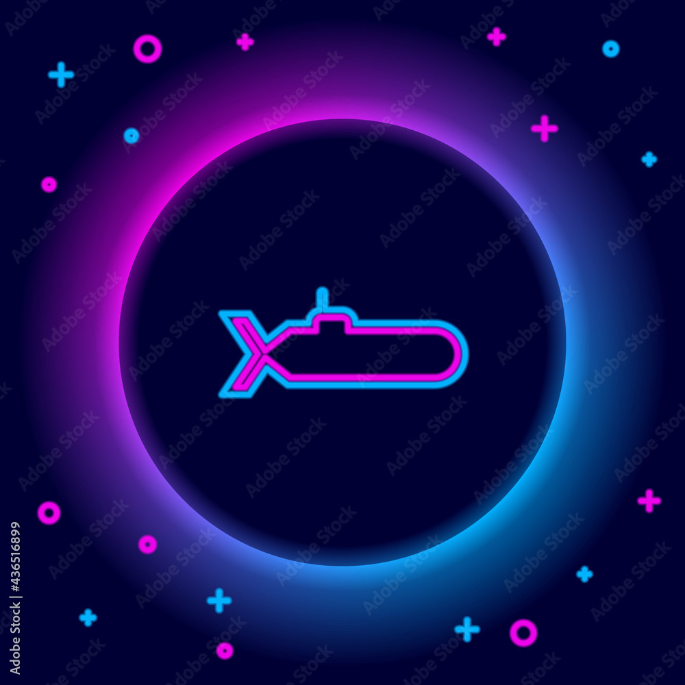 Glowing neon line Submarine icon isolated on black background. Military ship. Colorful outline concept. Vector Glowing neon line Submarine icon isolated on black background. Military ship. Colorful outline concept. Vector
