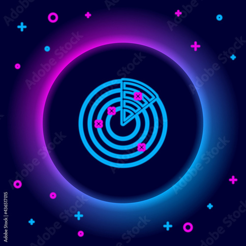 Glowing neon line Radar with targets on monitor in searching icon isolated on black background. Military search system. Navy sonar. Colorful outline concept. Vector